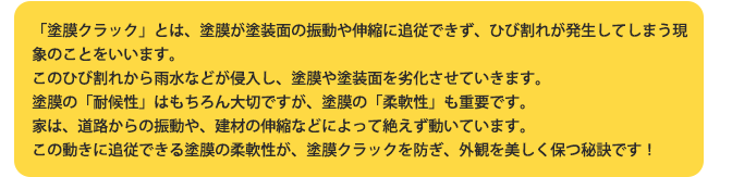 「塗膜クラック」とは、塗膜が塗装面の振動や伸縮に追従できず、ひび割れが発生してしまう現象のことをいいます。このひび割れから雨水などが侵入し、塗膜や塗装面を劣化させていきます。塗膜の「耐候性」はもちろん大切ですが、塗膜の「柔軟性」も重要です。家は、道路からの振動や、建材の伸縮などによって絶えず動いています。この動きに追従できる塗膜の柔軟性が、塗膜クラックを防ぎ、外観を美しく保つ秘訣です!