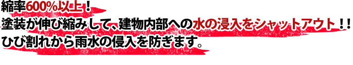 縮率600%以上!塗装が伸び縮みして、建物内部への水の浸入をシャットアウト!!ひび割れから雨水の侵入を防ぎます。