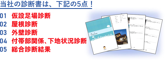 当社の診断書は、仮設足場診断／屋根診断／外壁診断／付帯部関係、下地状況診断／総合診断結果